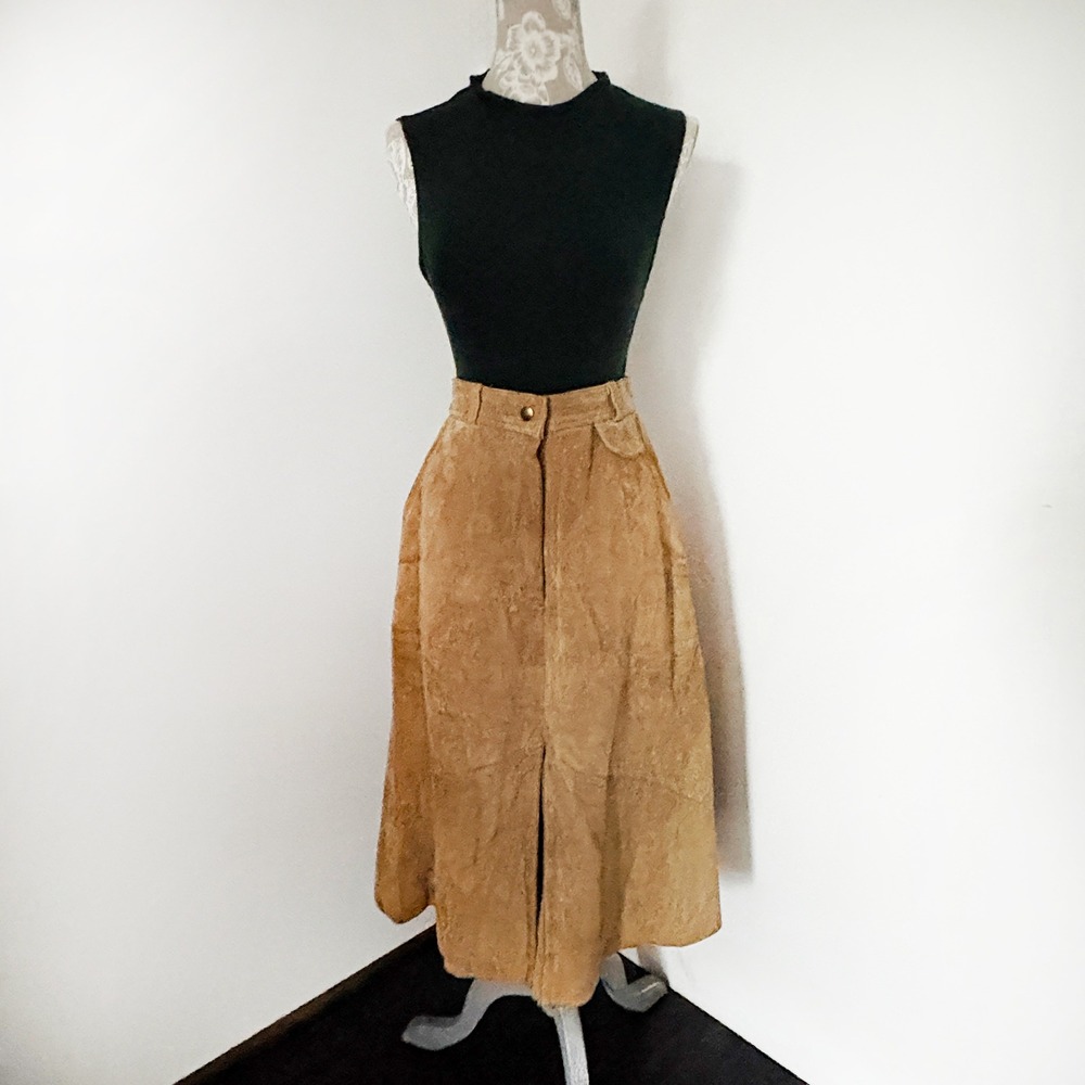 Maggie's Hide Genuine Tan Suede Leather A-Line Skirt Vintage Sz S-M